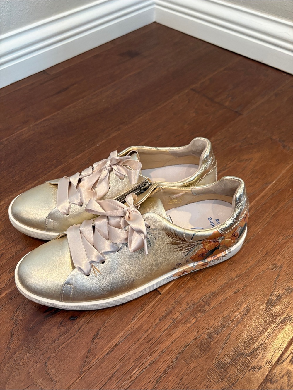 Metallic Gold Floral-Print Women's Sneakers with Satin Ribbon Laces